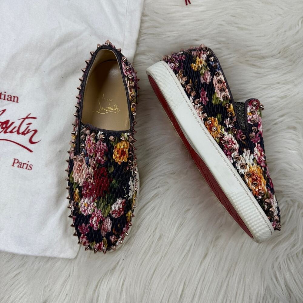 EUC • Christian Louboutin PIK BOAT Quilted Floral Tissu Spike Flats Size: 35